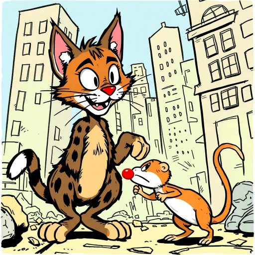 whimsical tale, feline protagonist, rodent companion, Art Spiegelman, Charles Schulz, Bill Watterson, playful conflict, dynamic storytelling, vibrant colors, bold outlines, narrative storytelling, graphic novel style, expressive characters, adventure, mischief, urban landscape, intricate details, engaging narrative, playful interaction, movement, light-hearted, humor, exaggerated expressions, daring escapades, cultural folklore, friendship, rivalry, textured shading, comic strips, visual humor, animated scene, sequential art, contrasting scales, imaginative scenarios, childhood nostalgia, character development, pop art influences, anthropomorphic elements, action sequences
