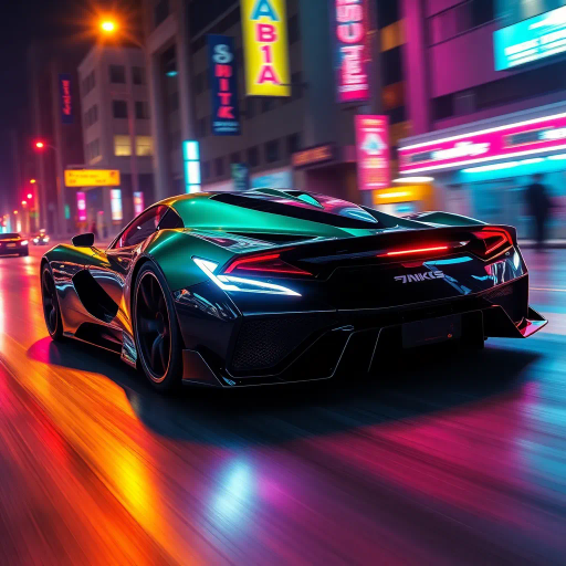 futuristic car design, sleek lines, chrome finish, vibrant neon highlights, dramatic lighting, dynamic movement, aerodynamic shape, retro-futurism, precision engineering, urban environment, concept art, high-tech materials, hyper-realistic detailing, modern aesthetics, speed and agility, metallic textures, ambient atmosphere, avant-garde composition, illuminated cityscape, art deco influences
