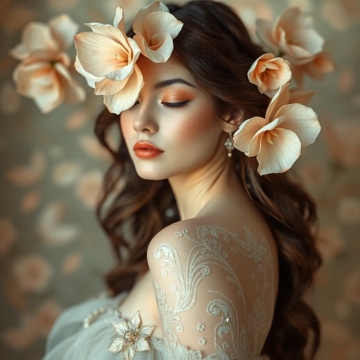 elegant, ethereal beauty, inspired by alfons mucha, art nouveau, soft pastels, delicate curves, intricate details, flowing lines, divine femininity, serene expressions, luminous skin, gentle allure, classic elegance, timeless grace, floral motifs, romanticism, subtle sensuality, ambient glow, sophisticated charm, natural form, organic textures, soft focus, harmonious design, intimate portraiture, visual poetry, artistic refinement