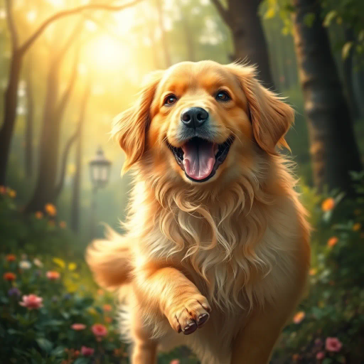 golden retriever, playful, joyful, vibrant colors, dynamic composition, soft textures, sunlight illumination, golden hues, John Lasseter influence, whimsical, cheerful, uplifting, perspective from low angle, animated essence, fluid movements, cartoon-like style, bright atmosphere, round shapes, sense of wonder, fantasy element, lively expression, nature setting, harmonious composition