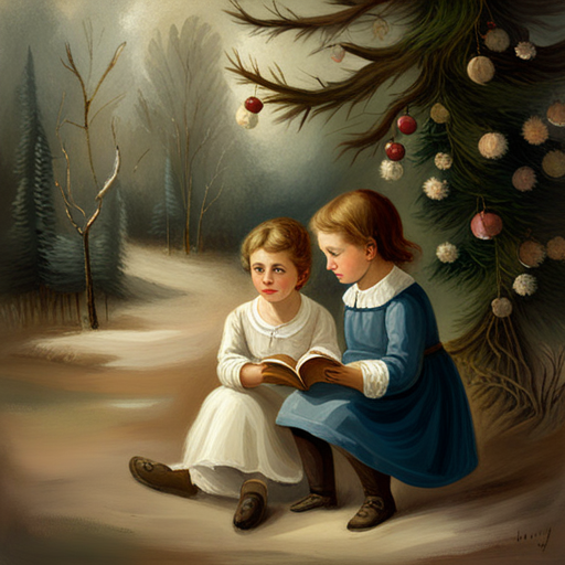 vintage, oil painting, classical, impressionism, muted colors, textured brushstrokes, 19th century, romanticism, traditional, natural lighting, landscape, nostalgia, delicate, thick paint, expressive, European, atmospheric, serene, rustic, aged, soft edges, analog-film, Winter Children under a Christmas Tree Painting, classic