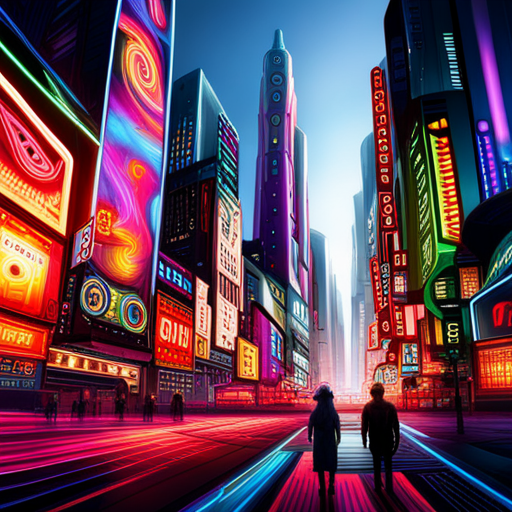 neon lights, cyberpunk architecture, bioengineered vegetation, bustling metropolis, contrast of technology and nature, vibrant colors, futuristic skyline, artificial intelligence, dystopian society, neon signs, organic structures, industrial landscapes, high-tech cityscape, advanced machinery, glowing plants, post-apocalyptic setting, digital artistry, urban jungle