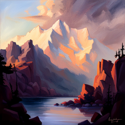 majestic peaks, rugged terrain, atmospheric perspective, muted colors, Impressionism, Hudson River School, light and shadow, texture, acrylic paint, naturalism, serenity, grandeur, scale, plein air, rocky outcroppings, dramatic sky, asymmetry, depth, soft brushstrokes, tranquility, pixel art, atmospheric lighting