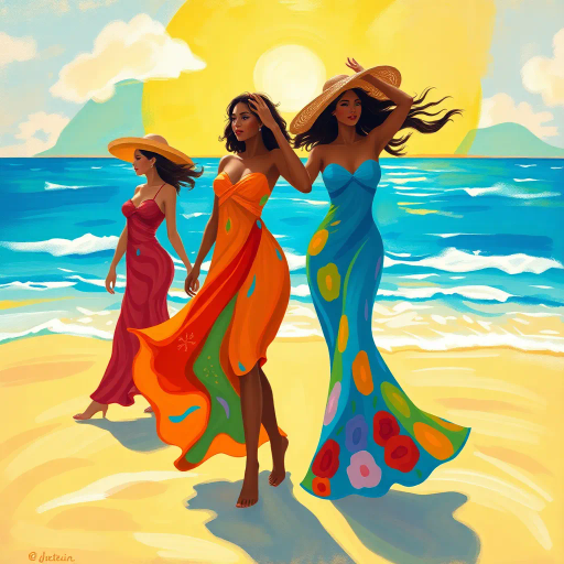 elegant figures, beach setting, vibrant colors, impressionistic style, inspired by Henri Matisse, flowing sands, tropical atmosphere, dynamic poses, radiant sunlight, azure waves, soft brush strokes, serenity, joy, cultural diversity, vibrant patterns, natural grace, warm hues, playful elegance, nuanced femininity, carefree spirit, summer ambiance, fluid lines, artistic freedom, idyllic scenery, radiant warmth, contemporary blend