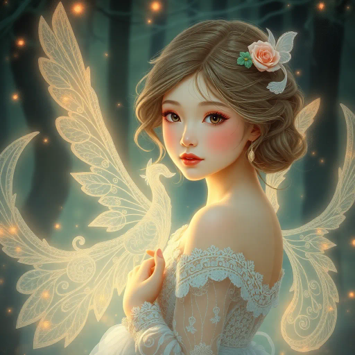 innocent young maiden, charming elegance, ethereal glow, inspired by Yoshitaka Amano, whimsical fantasy, serene ambiance, soft pastel hues, delicate brushwork, intricate lace textures, dreamlike scene, luminous lighting, gentle perspective, emotional warmth, magical atmosphere, fairy tale influences, graceful pose, art nouveau curves, enchanting forest backdrop, mythical creatures, serene expression