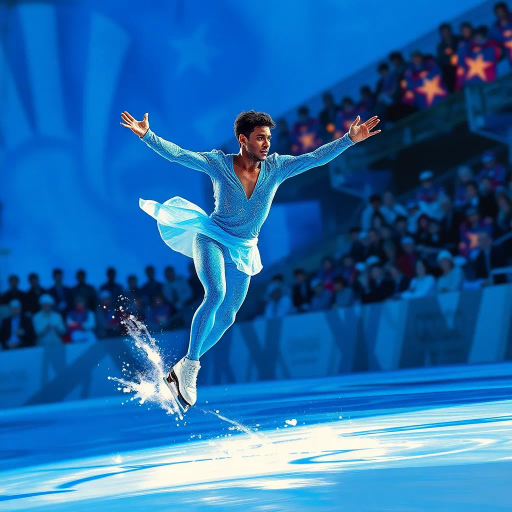 Olympic, figure skating, contestant, dynamic motion, dressed in shimmering blue, contest suit, ethereal glow, luminous blue background, captivated spectators, Jean-Michel Basquiat, vivid expressionism, contemporary surrealism, dramatic lighting, flowing lines, elegance and grace, frozen moment, modern athleticism, artistic fluidity, kinetic energy, expressive movement, emotional resonance, abstract composition, vibrant hues, cultural celebration, grand scale performance, intricate detail, atmospheric ambiance