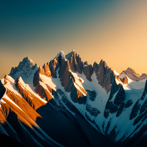 majestic peaks, dramatic vistas, natural symmetry, monochromatic palette, atmospheric perspective, epic scale, textured terrain, serene isolation, mountain ranges, grandeur, alpine glow, billowing clouds, rugged terrain, glacial formations, snowcapped peaks, jagged ridgelines