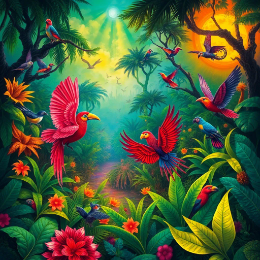 vibrant rainforest, carnival energy, tropical palette, intricate textures, Gustavo Rosa, surrealism, expressive forms, dynamic movement, colorful feathers, mystical beings, atmospheric perspective, lush foliage, samba rhythms, cultural tapestry, radiant lighting, whimsical creatures, vibrant celebrations, exotic wildlife, lively atmosphere, magical realism, imaginative scenery, rhythmic patterns, bold silhouettes