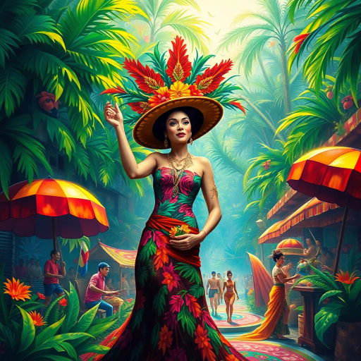 vibrant carnival, amazon jungle, lush greenery, rich cultural tapestry, Carmen Miranda, surrealism, tropical hues, dynamic movement, rhythmic energy, expressive colors, intricate patterns, lively street scenes, samba dancers, exotic wildlife, atmospheric perspective, detailed textures, magical realism, cultural diversity, spirited festivities, radiant sunlight, complex compositions, whimsical elements, bold palettes, mystical atmosphere, fantastical landscapes, tropical flora and fauna