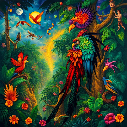 vibrant rainforest, carnival energy, tropical palette, intricate textures, Gustavo Rosa, surrealism, expressive forms, dynamic movement, colorful feathers, mystical beings, atmospheric perspective, lush foliage, samba rhythms, cultural tapestry, radiant lighting, whimsical creatures, vibrant celebrations, exotic wildlife, lively atmosphere, magical realism, imaginative scenery, rhythmic patterns, bold silhouettes