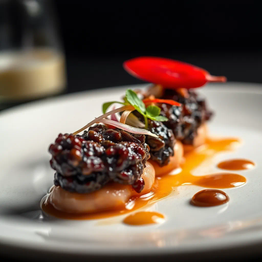 hyper-realistic, culinary artistry, vibrant colors, succulent textures, food photography, gourmet presentation, chiaroscuro lighting, rich detail, natural composition, culinary textures, glossy surfaces, nuanced hues, modern aesthetic, exquisite plating, artisanal craftsmanship, gourmet indulgence, food as art, visual feast, sumptuous presentation, high contrast, appetizing visual, culinary elegance, Vermeer influence, artistic richness, stylistic finesse, contemporary flair, textural harmony, elegant framing, dramatic contrasts, visual temptation