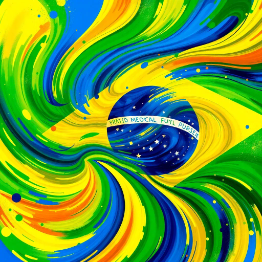 vibrant Brazilian flag, swirling colors, dynamic movement, tropical influences, modern digital techniques, vivid greens, deep yellows, royal blues, abstract expressionism, colorful splashes, textured layering, cultural richness, iconic symbolism, national pride, rhythmic patterns, energetic composition, oval forms, contemporary interpretation, lively atmosphere, digital brushstrokes, experimental canvas, immersive scale, seamless blend, harmony and unity, historical resonance, artistic celebration
