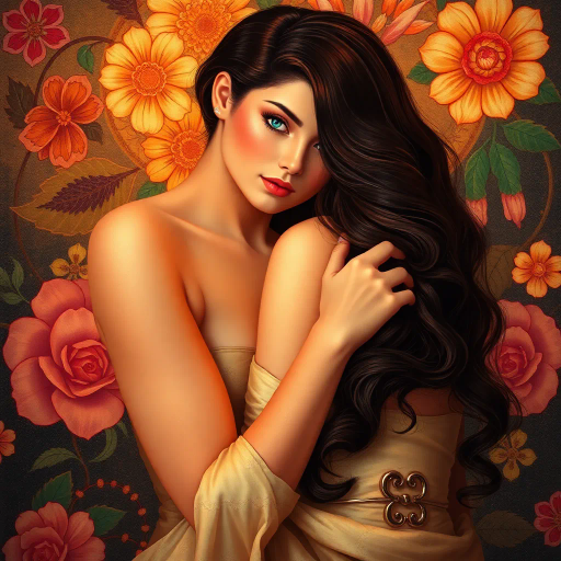 sensual elegance, vibrant allure, Art Nouveau, soft curves, warm lighting, romantic ambiance, floral patterns, intricate detail, elegant composition, ethereal beauty, Gustav Klimt, flowing lines, luminous glow, modern seduction, mystery and allure, intimate setting, pastel hues, captivating gaze, delicate textures, timeless elegance