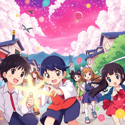 vibrant colors, dynamic composition, Studio Ghibli inspiration, detailed environments, expressive character designs, emotional depth, fantastical themes, cultural motifs, fluid motion, nostalgic atmosphere, distinctive line art, otherworldly settings, intricate detailing, magical realism, retro-futuristic elements, storytelling focus, character-driven narrative, visual storytelling, imaginative landscapes, enchanting creatures