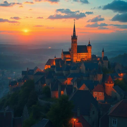 medieval cityscape, glowing twilight, perched on hilltop, vibrant colors, Claude Lorrain influence, golden hour lighting, ethereal atmosphere, lush landscapes, towering spires, intricate architecture, cobblestone streets, panoramic views, sweeping vistas, rich texture, romanticism, detailed engravings, enchanting aura, timeless beauty, serene ambiance, historical roots, narrative storytelling, mystical realm, elevated perspective, imaginative vision, dreamlike setting, magical realism, atmospheric haze, visual poetry, harmonious balance, artistic expression, visionary landscape, fantasy essence, enchanting visuals, Claude Monet inspiration, Baroque influence, tapestry of color, luminous glow, enchanting spell, whimsical charm, historical narrative, romantic era, pastel hues, soft shadows