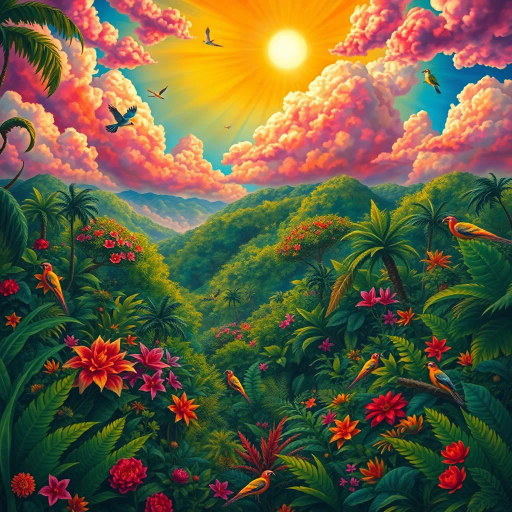 vivid rainforests, carnival atmosphere, vibrant colors, intricate details, lush foliage, rich cultural heritage, magical realism, Brazilian landscape, surreal clouds, tropical wildlife, Henri Rousseau influence, rhythmic movement, radiant sunlight, festive mood, intricate patterns, exotic birds, mythical elements, celebratory spirit, tropical flora, samba rhythm, enchanting scenery