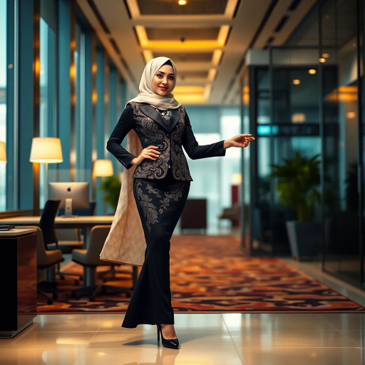 elegant Arab woman, sophisticated hijab, modern workplace, professional attire, high heels, Middle Eastern influence, contemporary art, intricate patterns, vibrant colors, soft lighting, dynamic pose, Impressionism influences, delicate fabrics, confident and empowering presence, cultural expression, diverse representation, cultural fusion, modernism, grace and poise, harmony, balance, cultural narrative, advanced digital techniques, refined textures, bold symbolism, inspired by Gustav Klimt, Art Nouveau elegance, surreal lighting, empowered femininity, rich textures, fluid movement, intricate details, cultural symbolism, confident aura, dynamic composition