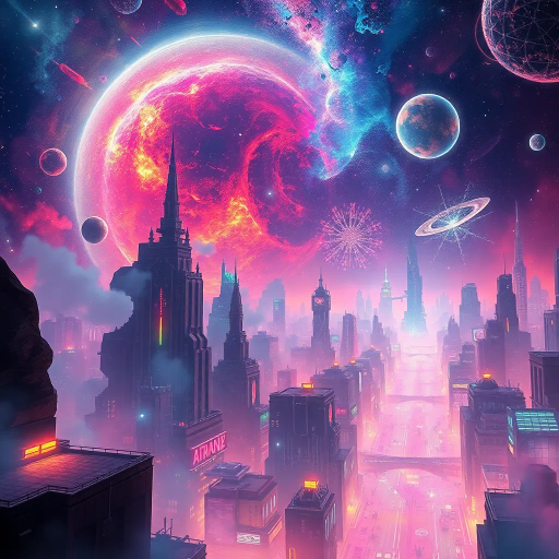 vibrant galaxy, interstellar travel, futuristic metropolis, Andromeda clash, neon lights, cyberpunk elements, dynamic movement, grand scale, cosmic horizons, surreal landscapes, luminescent color palette, intricate detail, celestial bodies, digital brushwork, encapsulating vision, contemporary influences, cutting-edge technology, otherworldly ambiance, abstract geometry, ethereal textures, high-definition rendering, imaginative realms, light and shadow play, transdimensional portals, inspired by Syd Mead, cinematic perspective, emotional depth, cultural hybridity