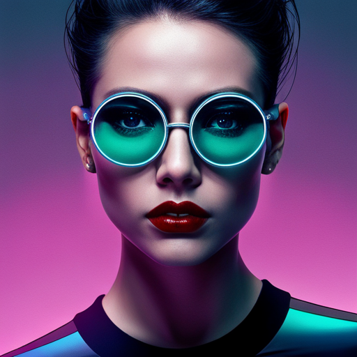 Futuristic, cyberpunk, neon, night, cityscape, sunglasses, monocle, reflections, glowing, chrome, metal, technology, dystopia, contrast, shadows