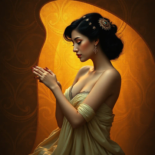 seductive elegance, ethereal allure, vivid passion, romantic symbolism, soft curves, glowing warmth, surreal intimacy, flowing garments, Baroque flair, chiaroscuro, gentle brushstrokes, rich textures, vibrant hues, mythical romance, evocative glance, candlelit setting, ornamental details, luxurious fabric, dreamlike atmosphere, sensual poise, enigmatic aura, fantasy realms, classical influences, timeless beauty, tender expression