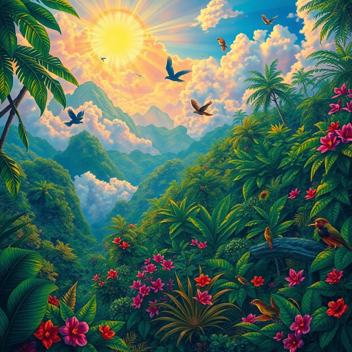 vivid rainforests, carnival atmosphere, vibrant colors, intricate details, lush foliage, rich cultural heritage, magical realism, Brazilian landscape, surreal clouds, tropical wildlife, Henri Rousseau influence, rhythmic movement, radiant sunlight, festive mood, intricate patterns, exotic birds, mythical elements, celebratory spirit, tropical flora, samba rhythm, enchanting scenery, fantasy-art, exuberant festivities, dreamlike setting, contemporary fantasy, vibrant tapestry, cultural vibrancy, mystical horizon, jovial energy, traditional festivities