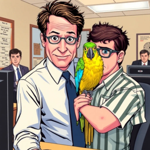 the office, tv show, michael scott, parrot, prison mike, satirical humor, vibrant colors, exaggerated expressions, dynamic poses, pop-art influence, surreal surroundings, Andy Warhol style, bold outlines, 2000s television, storytelling, quirky characters, whimsy, comedic timing, character-centric, playful tension, parody, lighthearted, ensemble cast, cultural zeitgeist