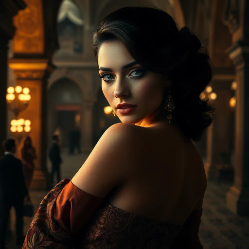 mysterious allure, elegance, Arabian nights, intricate patterns, chiaroscuro lighting, sumptuous silks, workplace realism, architectural elegance, dramatic posture, Vermeer-esque composition, serene focus, vibrant contrasts, timeless glamour, opulent textiles, fluid movement, baroque influence, empowered grace, warm hues, sophisticated chic, poised elegance, elongated forms, artistic sensuality, contemporary culture, alluring gaze, refined details, captivating ambiance, subtle intricacy