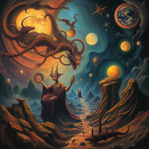 surreal dreamscape, Salvador Dalí influences, ethereal elements, vivid color palette, chiaroscuro lighting, abstract forms, swirling patterns, enigmatic symbolism, dreamlike mood, mythical creatures, imaginative landscapes, temporal distortion, transcendent ambiance, Baroque textures, dynamic movement, otherworldly perspective, cosmic themes, elaborate detail, Escher-esque geometry, fantastical composition