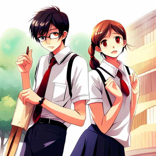 manga, Japanese art, school friends, friendship, youth, dynamic composition, expressive characters, flowing hair, school uniforms, shy girl, boyish boys, contrast, emotional connection, joyful, energetic, lively, manga artist, school setting, emotive facial expressions, detailed backgrounds, iconic poses, action-packed, adventurous, fun