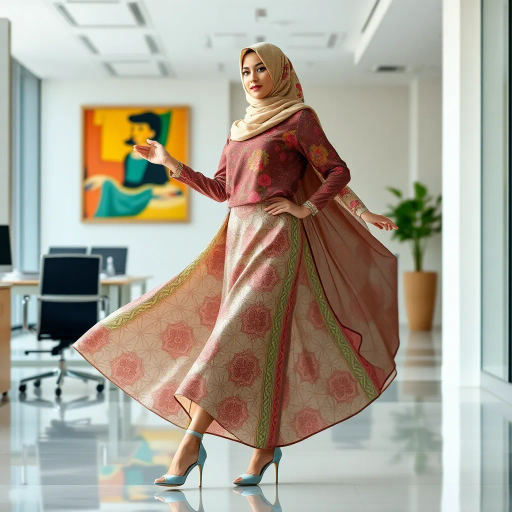 Arab woman, elegant hijab, professional setting, modern workplace, high heels, Middle Eastern culture, contemporary art, intricate patterns, vibrant colors, soft lighting, dynamic pose, cultural expression, delicate fabrics, office environment, confident demeanor, sophisticated fashion, grace and poise, diverse representation, cultural fusion, empowerment, modernism, Impressionism influences, human form, balance and harmony, Henri Matisse, modern elegance, intricate textile patterns, vibrant aesthetic, global influence, artistic expression, dignity and strength, atmospheric composition, elegant lines, harmonious palette, seamless integration, modern artistry